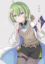 1girl absurdres ahoge blue_eyes green_eyes green_hair heterochromia highres holding holding_notebook jacket kitashirakawa_kakapo looking_at_viewer multicolored_hair notebook pen school_uniform short_hair sugar_7g vee_(vtuber) virtual_youtuber