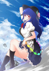 Rule 34 | 1girl, arm behind head, blue hair, blue sky, boots, bow, cloud, day, floating rock, food, fruit, hat, high heel boots, high heels, highres, hinanawi tenshi, looking at viewer, peach, pink eyes, puffy short sleeves, puffy sleeves, shirt, short sleeves, sitting, skirt, sky, smile, solo, touhou, x&amp;x&amp;x