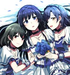 3girls, bangs, blue eyes, blue flower, blue hair, bouquet, brown eyes, choker, crescent, crescent earrings, crescent necklace, dress, earrings, eyebrows visible through hair, flower, frilled dress, frills, green hair, highres, holding, holding bouquet, idol, idolmaster, idolmaster million live!, idolmaster million live! theater days, jewelry, lix, looking at viewer, lying, mogami shizuka, multiple girls, nagayoshi subaru, nanao yuriko, open mouth, short sleeves, smile, white dress, wrist cuffs, yellow eyes