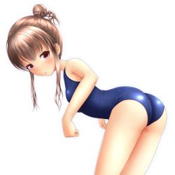 Rule 34 | 1girl, ass, bent over, blue one-piece swimsuit, blush, brown eyes, brown hair, clenched hand, ki (kk-sk-ray), leaning forward, looking at viewer, looking back, md5 mismatch, old school swimsuit, one-piece swimsuit, original, red eyes, resolution mismatch, school swimsuit, short hair with long locks, simple background, solo, source larger, swimsuit, thighs, white background