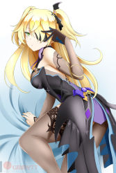 Rule 34 | 1girl, asymmetrical legwear, bed sheet, black gloves, black ribbon, blonde hair, breasts, brown sleeves, brown thighhighs, closed mouth, detached sleeves, eyepatch, fischl (genshin impact), from behind, genshin impact, gloves, gradient background, green eyes, hair between eyes, hair ornament, hair ribbon, highres, kimmy77, long hair, long sleeves, looking at viewer, medium breasts, ribbon, single leg pantyhose, single thighhigh, solo, thighhighs, twintails, uneven legwear, very long hair, watermark