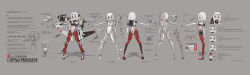 Rule 34 | 1girl, a t industries, absurdres, android, barcode, barcode tattoo, character sheet, claw (weapon), english text, expressionless, expressions, eyewear on head, from behind, from side, grey background, hair ornament, hairclip, highres, joints, mecha musume, mechanical parts, missile, mixed-language commentary, multiple views, navel, necktie, original, red eyes, robot joints, sailor collar, signature, subdermal port, tattoo, weapon, white hair