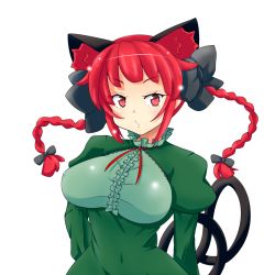 Rule 34 | 1girl, animal ears, bow, braid, breasts, cat ears, cat tail, dress, highres, himenomikan, kaenbyou rin, large breasts, multiple tails, red eyes, red hair, solo, tail, touhou, twin braids