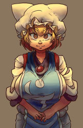 Rule 34 | 1girl, animal hat, blonde hair, breasts, bright pupils, brown background, brown eyes, chanta (ayatakaoisii), dress, frilled hat, frills, hat, large breasts, looking at viewer, mob cap, own hands together, short hair, simple background, smile, solo, tabard, touhou, white dress, white hat, white pupils, yakumo ran