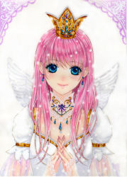 Rule 34 | 1girl, angel wings, blue eyes, crown, doily, dress, earrings, eri-noa, eyelashes, own hands clasped, jewelry, lace, lace background, original, own hands together, painting (medium), pink hair, princess, puffy sleeves, short sleeves, smile, solo, traditional media, watercolor (medium), white dress, wings