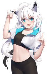 Rule 34 | 1girl, ahoge, animal ear fluff, animal ears, arms up, black leggings, black shirt, braid, breasts, commentary request, crop top, double fox shadow puppet, earrings, extra ears, fox ears, fox girl, fox shadow puppet, fox tail, green eyes, hair between eyes, highres, hololive, hood, hoodie, jewelry, leggings, long hair, looking at viewer, midriff, navel, pentagram, shirai yu, shirakami fubuki, shirakami fubuki (1st costume), shirt, sidelocks, simple background, single braid, small breasts, solo, tail, virtual youtuber, white background, white hair, white hoodie