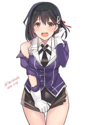 Rule 34 | 1girl, black hair, blush, breasts, brown eyes, gloves, haguro (kancolle), haguro kai ni (kancolle), hair between eyes, hair ornament, jacket, kantai collection, looking at viewer, one-hour drawing challenge, open mouth, pencil skirt, shiozaki zoe, short hair, simple background, skirt, solo, torn clothes, torn jacket, torn skirt, uniform, white background, white gloves