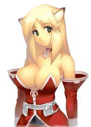Rule 34 | 1girl, animal ears, bare shoulders, blonde hair, breast clinging, breasts, choker, cleavage, covered erect nipples, detached sleeves, fantasy earth zero, fox ears, green eyes, jewelry, large breasts, looking at viewer, necklace, smile, solo, yn red