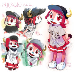 Rule 34 | 1girl, bad id, bad pixiv id, baseball jersey, buffalo bell, clothes writing, furry, furry female, gloves, horns, jersey, mascot, mizuki kotora, nippon professional baseball, open mouth, orix buffaloes, pink eyes, pink hair, pink skirt, pink theme, pleated skirt, red eyes, short hair, skirt, smile, solo, striped clothes, striped skirt, tail