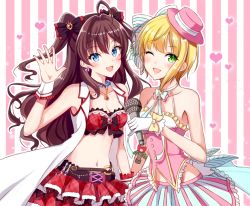 Rule 34 | 2girls, :d, ;d, black bow, blonde hair, blue eyes, bow, breasts, brown hair, cleavage, collarbone, earrings, floating hair, frilled skirt, frills, gloves, green eyes, hair between eyes, hair bow, hat, ichinose shiki, idolmaster, idolmaster cinderella girls, jewelry, layered skirt, long hair, looking at viewer, medium breasts, midriff, miniskirt, miyamoto frederica, multiple girls, navel, necklace, one eye closed, open mouth, pink hat, pleated skirt, red skirt, short hair, skirt, sleeveless, smile, standing, stomach, striped background, striped clothes, striped skirt, twintails, vertical-striped clothes, vertical-striped skirt, very long hair, white gloves, wrist cuffs, yellow bow, yukiya (shiya)