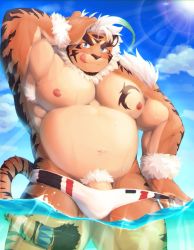 Rule 34 | 1boy, :q, ahoge, animal ears, bara, bare pectorals, beard, belly, bulge, cowboy shot, delta3814, facial hair, fat, fat man, forked eyebrows, furry, furry male, hand on own head, highres, hombre tigre (housamo), large pectorals, looking at viewer, male focus, male pubic hair, male swimwear, male underwear, male underwear pull, muscular, muscular male, navel, nipples, partially submerged, pectorals, penis, penis peek, pubic hair, pulling own clothes, solo, stomach, swim briefs, tail, thick eyebrows, thick thighs, thighs, tiger boy, tiger ears, tiger tail, tokyo houkago summoners, tongue, tongue out, underwear, water, white hair, white male swimwear