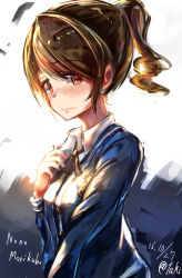 Rule 34 | 10s, 1girl, alternate hairstyle, blush, brown eyes, brown hair, character name, closed mouth, commentary request, dated, earrings, embarrassed, highres, idolmaster, idolmaster cinderella girls, jewelry, long hair, long sleeves, looking at viewer, matching hair/eyes, morikubo nono, neckerchief, ponytail, signature, solo, taki (takimon)