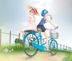 Rule 34 | 10s, 2girls, alternate costume, animal ears, arm support, bare shoulders, bicycle, bicycle basket, blue eyes, blue hair, breasts, cat ears, contemporary, day, dress, fence, food, grass, hair ornament, hair over one eye, hat, highres, holding, holding clothes, holding hat, looking at viewer, medium breasts, multiple girls, multiple riders, outdoors, pink eyes, pink hair, popsicle, ram (re:zero), re:zero kara hajimeru isekai seikatsu, rem (re:zero), rock, saruno (eyesonly712), shoes, short hair, shorts, siblings, sidesaddle, sisters, sky, sneakers, strapless, strapless dress, straw hat, suspenders, twins, x hair ornament