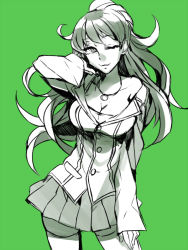 Rule 34 | 10s, 1girl, ;), breasts, cleavage, divine gate, green background, green theme, jewelry, kaneaki mukku, kay (divine gate), large breasts, long hair, off shoulder, one eye closed, pendant, skirt, smile, solo, thighhighs, uniform