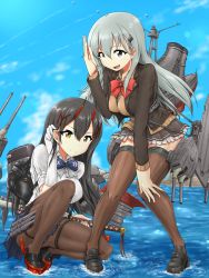 Rule 34 | 2girls, ascot, azur lane, black hair, black legwear, blazer, bow, breasts, brown jacket, brown legwear, closed mouth, cloud, crossover, day, gloves, grey eyes, grey hair, hair between eyes, hair ornament, hair ribbon, hairclip, hand on own ear, hand on own knee, historical name connection, holding, holding sword, holding weapon, horns, jacket, kantai collection, katana, large breasts, long hair, long sleeves, looking at viewer, multiple girls, name connection, open mouth, outdoors, pantyhose, pleated skirt, ribbon, rigging, salute, school uniform, shirt, shoes, short sleeves, skirt, sky, smile, suzuya (azur lane), suzuya (kancolle), sword, thighhighs, water, weapon, white gloves, yashio (0321), yellow eyes