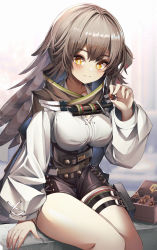 Rule 34 | 1girl, absurdres, arknights, black shorts, blush, box, breasts, fartooth (arknights), feather hair, feet up, grey hair, hand up, highres, holding, large breasts, long hair, long sleeves, looking at viewer, no headwear, penguin4, shirt, shorts, sitting, smile, solo, thigh strap, thighs, white shirt, yellow eyes
