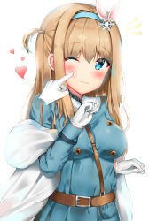 Rule 34 | 1girl, absurdres, bachibachi (tisen), belt, blue eyes, blue shirt, blush, breasts, brown hair, rabbit hair ornament, buttons, cheek poking, closed mouth, girls&#039; frontline, gloves, hair intakes, hair ornament, hairband, hand up, heart, highres, long hair, long sleeves, looking at viewer, medium breasts, notice lines, one eye closed, one side up, poking, shirt, sidelocks, simple background, sleeves rolled up, snowflake hair ornament, solo, standing, suomi (girls&#039; frontline), upper body, white background, white gloves
