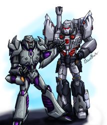 Rule 34 | 2boys, arm cannon, artist name, autobot, cannon, character request, decepticon, deviantart username, full body, glowing, hand up, highres, insignia, machinery, male focus, mecha, megatron, megatron (idw), megatron (prime), multiple boys, no humans, open mouth, red eyes, retro artstyle, robot, science fiction, soundbluster, tagme, teeth, the transformers (idw), transformers, transformers prime, weapon