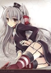 Rule 34 | 10s, 1girl, :o, absurdres, amatsukaze (kancolle), ass, black panties, blush, dress, from behind, garter straps, gradient background, grey hair, hair between eyes, hat, highres, kantai collection, karory, long sleeves, looking at viewer, looking back, open mouth, panties, panty pull, partially visible vulva, red thighhighs, sailor dress, school uniform, serafuku, short dress, side-tie panties, striped clothes, striped thighhighs, thighhighs, twintails, two side up, underwear, uniform