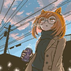 Rule 34 | 1girl, animal ears, breasts, breath, brown coat, brown hair, can, cloud, coat, glasses, grey eyes, hand up, highres, holding, holding can, horse ears, ikuno dictus (umamusume), long sleeves, open mouth, outdoors, pixel art, power lines, round eyewear, small breasts, solo, sweater, turtleneck, turtleneck sweater, umamusume, upper body, utility pole, zaidantrainer