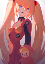 Rule 34 | 1girl, absurdres, alternate hair length, alternate hairstyle, artist request, blue eyes, bodysuit, breasts, doll, evangelion: 2.0 you can (not) advance, hair ornament, hairpods, highres, interface headset, long hair, long twintails, medium breasts, neon genesis evangelion, open mouth, orange hair, plugsuit, rebuild of evangelion, red bodysuit, shiny clothes, simple background, skin tight, solo, souryuu asuka langley, twintails, wide hips