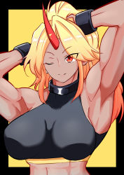Rule 34 | 1girl, abs, absurdres, alternate skin color, armpits, black background, black sports bra, blonde hair, breasts, closed mouth, commentary request, cuffs, fugaku (miko no miyatsuguchi), hands in hair, highres, horns, hoshiguma yuugi, large breasts, long hair, looking at viewer, muscular, muscular female, one eye closed, red eyes, red horns, single horn, smile, solo, sports bra, star (symbol), tan, touhou, two-tone background, upper body, yellow background