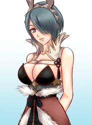 Rule 34 | 1girl, alternate costume, bare shoulders, blue eyes, blue hair, breasts, cleavage, commentary request, febakkari, fire emblem, fire emblem fates, fur trim, hair over one eye, large breasts, looking at viewer, nintendo, setsuna (fire emblem), white fur
