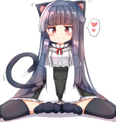 Rule 34 | 1girl, absurdres, animal ears, animal hands, black gloves, black hair, black skirt, black thighhighs, blush, braid, breasts, cat ears, cat tail, closed mouth, commentary request, frilled skirt, frills, gloves, heart, high-waist skirt, highres, idolmaster, idolmaster cinderella girls, idolmaster cinderella girls starlight stage, juliet sleeves, long hair, long sleeves, panties, paw gloves, puffy sleeves, red eyes, sajo yukimi, shadow, shirt, simple background, sitting, skirt, small breasts, smile, solo, spoken heart, striped clothes, striped panties, tail, thighhighs, umberblack, underwear, very long hair, wariza, white background, white shirt, wide sleeves