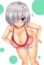 Rule 34 | 10s, 1girl, bare shoulders, blue eyes, blush, bra, breasts, cleavage, collarbone, eyes visible through hair, hair ornament, hair over one eye, hairclip, hamakaze (kancolle), kantai collection, large breasts, looking at viewer, open mouth, panties, panty pull, pulling own clothes, red bra, removing panties, short hair, silver hair, skindentation, solo, underwear, underwear only, undressing, white panties, yahiro (anhnw)