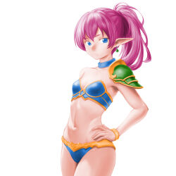 Rule 34 | 1girl, armor, bikini armor, blue armor, blue eyes, bracelet, breasts, cleavage, closed mouth, collarbone, cowboy shot, dragon slayer (series), earrings, elf, gold trim, green armor, groin, hand on own hip, highres, jewelry, legs together, long hair, looking at viewer, midriff, minamoto80486, navel, pauldrons, pink hair, pointy ears, ponytail, shoulder armor, simple background, single bare shoulder, single pauldron, small breasts, solo, sorcerian, split mouth, white background