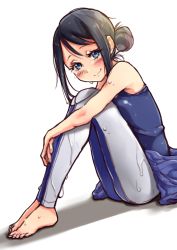 Rule 34 | 1girl, amanchu!, bad id, bad pixiv id, barefoot, black hair, blue eyes, blush, closed mouth, diving suit, from side, hair bun, highres, looking at viewer, ooki futaba, shadow, simple background, single hair bun, sitting, sketch, smile, solo, sumi (oyasumie), swimsuit, wet, wet hair, white background