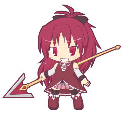 Rule 34 | 1girl, bare shoulders, black ribbon, black thighhighs, blush, boots, chibi, commentary request, detached sleeves, dress, food, food in mouth, full body, grin, hair ribbon, holding, holding polearm, holding spear, holding weapon, long hair, long sleeves, looking at viewer, mahou shoujo madoka magica, mahou shoujo madoka magica (anime), mouth hold, pink skirt, pleated skirt, pocky, polearm, purple eyes, purple hair, red dress, red footwear, ri-net, ribbon, sakura kyoko, simple background, skirt, sleeveless, sleeveless dress, smile, solo, spear, standing, thighhighs, very long hair, weapon, white background