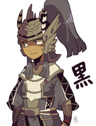 Rule 34 | 1boy, armor, arms at sides, black eyes, chinese clothes, closed mouth, grey hair, kotorai, long hair, looking ahead, ma chao, male focus, shaded face, shin sangoku musou, sidelocks, signature, smile, solo, translation request, white background