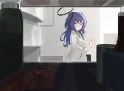 Rule 34 | 1girl, blue archive, blush, from side, halo, highres, indoors, kji (rozo), looking at viewer, looking to the side, purple hair, refrigerator interior, shirt, solo, two side up, white shirt, yuuka (blue archive)