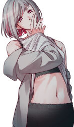 Rule 34 | 1girl, bak pep, bare shoulders, black pants, black sports bra, commentary request, grey hair, guilty challenge (meme), hand on own face, hand under clothes, hand under shirt, hand up, highres, korean commentary, link! like! love live!, looking at viewer, love live!, meme, midriff, multicolored hair, navel, off shoulder, pants, parted lips, pink eyes, red hair, shirt, short hair, solo, sports bra, streaked hair, white shirt, yugiri tsuzuri