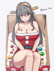 Rule 34 | 1girl, bare shoulders, belt, black hair, blush, box, breasts, brown eyes, cleavage, hair ornament, hairclip, haruna (kancolle), headgear, highres, in box, in container, kantai collection, large breasts, long hair, looking at viewer, lying, on back, santa costume, saplus, solo, twitter username