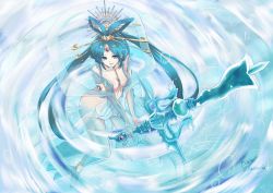 Rule 34 | 1girl, anklet, barefoot, blue hair, breasts, brown eyes, cleavage, collarbone, hair ornament, holding, holding weapon, jewelry, long hair, magi the labyrinth of magic, medium breasts, ren kougyoku, see-through, signature, solo, weapon