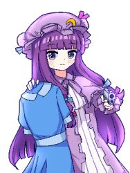 Rule 34 | 1girl, :3, blue dress, chibikki, collared dress, crescent, crescent hat ornament, dress, gun, hat, hat ornament, highres, holding, holding clothes, holding dress, holding gun, holding weapon, long dress, mob cap, patchouli knowledge, pixel art, pointing, pointing at viewer, purple eyes, purple hair, purple neckwear, simple background, solo, striped clothes, striped dress, touhou, unworn dress, vertical-striped clothes, vertical-striped dress, weapon, white background