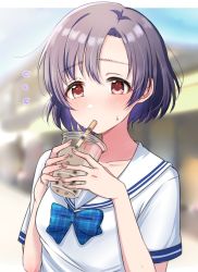 Rule 34 | 1girl, blurry, blurry background, blush, bubble tea, collarbone, cup, disposable cup, drinking, drinking straw, drinking straw in mouth, flying sweatdrops, highres, holding, holding cup, idolmaster, idolmaster cinderella girls, mariabowl, outdoors, purple hair, red eyes, sailor collar, shiragiku hotaru, short hair, short sleeves, solo, sweatdrop, two-tone dress, upper body