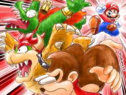 Rule 34 | 4boys, ape, attack, blue eyes, bowser, brown hair, cape, claws, crown, donkey kong, donkey kong (series), donkey kong country, facial hair, fangs, gloves, hat, horns, kicking, king k. rool, mario, mario (series), multiple boys, mustache, necktie, nintendo, open mouth, overalls, red hair, serious, super mario bros. 1, super smash bros.