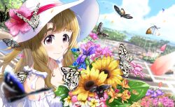 Rule 34 | 1girl, blue sky, blurry, blush, bouquet, breasts, brown eyes, brown hair, bug, butterfly, cleavage, closed mouth, cloud, collarbone, day, dress, flower, hat, hat flower, highres, idolmaster, idolmaster million live!, insect, jewelry, long hair, looking at viewer, medium breasts, miyao miya, necklace, outdoors, park, petals, pink flower, purple flower, ribbon, run p (aveton), sky, smile, solo, sun hat, sunflower, thick eyebrows, upper body, white dress, white hat, yellow flower