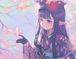 Rule 34 | 1girl, black gloves, black kimono, blue sash, blunt bangs, blush, braid, braided bun, cherry blossoms, closed mouth, commentary, diamond hairband, double bun, floral print, flower, furisode, gloves, hair bun, hair flower, hair ornament, half gloves, highres, hololive, hololive english, japanese clothes, kimono, kiwwwwwi, long hair, looking at flowers, ninomae ina&#039;nis, ninomae ina&#039;nis (new year), obi, obiage, obijime, official alternate costume, official alternate hairstyle, pointy ears, print kimono, purple eyes, purple hair, sash, sidelocks, solo, straight hair, virtual youtuber, wide sleeves