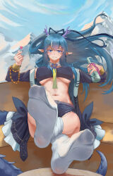 Rule 34 | 1girl, absurdres, arknights, blue eyes, blue hair, blush, crossed legs, dragon horns, dragon tail, feet, female focus, foot focus, highres, horns, ling (arknights), long hair, looking at viewer, parted lips, pointy ears, sitting, smile, socks, soles, solo, sqh510, tail, white socks