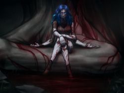 Rule 34 | 1girl, asrikins, blood, blood on leg, blue eyes, blue hair, closed mouth, colored skin, commentary, elden ring, english commentary, extra arms, glowing, glowing eyes, hair between eyes, long hair, looking at viewer, one eye closed, pool of blood, ranni the witch, solo, spoilers, two fingers (elden ring), white skin
