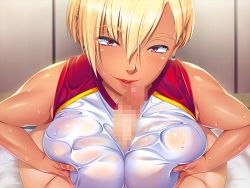 Rule 34 | 1girl, bare arms, blonde hair, blush, breasts, breasts squeezed together, censored, cheating (relationship), earrings, erection, eyebrows, game cg, half-closed eyes, huge breasts, indoors, jewelry, koda diana, lips, looking at viewer, lying, mosaic censoring, oh yes! kasshoku bitch hitozuma no seiyoku kaishou: eroero dekiru mama-san volley kai, oohara kyuutarou, paizuri, paizuri over clothes, parted lips, penis, pink eyes, pov, red lips, seductive smile, short hair, sleeveless, smile, solo focus, sportswear, uniform, volleyball uniform, wet, wet clothes