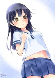 Rule 34 | 10s, 1girl, :o, black hair, blue hair, blush, breasts, brown eyes, from below, hand on own chest, highres, kantai collection, large breasts, long hair, navel, open mouth, school uniform, serafuku, solo, swept bangs, ushio (kancolle), yellow eyes, yoshiki (bpmaxm)