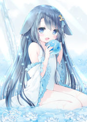 Rule 34 | 1girl, :d, animal ears, bare legs, bare shoulders, barefoot, blue eyes, blue hair, blush, crescent, crescent hair ornament, flower, hair ornament, highres, holding orb, long hair, looking at viewer, moco ofuton, one-piece swimsuit, open mouth, original, sitting, smile, solo, swimsuit, very long hair, wariza, water, white one-piece swimsuit