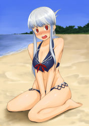 Rule 34 | 1girl, @ @, adapted costume, alternate hairstyle, bare shoulders, barefoot, beach, bikini, blue hair, blush, breasts, cleavage, day, embarrassed, female focus, groin, hair up, kabocha head, kamishirasawa keine, kneeling, large breasts, long hair, multicolored hair, open mouth, red eyes, revision, sitting, solo, swimsuit, touhou, two-tone hair, v arms, wariza, white hair