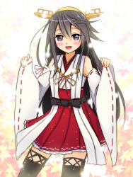 Rule 34 | 10s, 1girl, bare shoulders, blush, detached sleeves, frilled skirt, frills, grey hair, hairband, haruna (kancolle), headgear, japanese clothes, kantai collection, ko yu, lace, lace-trimmed legwear, lace trim, leaf, long hair, looking at viewer, maple leaf, nontraditional miko, pleated skirt, purple eyes, red skirt, ribbon-trimmed sleeves, ribbon trim, skirt, smile, solo, thighhighs