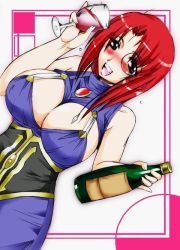 Rule 34 | 00s, 1girl, alcohol, blush, bottle, breasts, broccoli (company), cleavage, cleavage cutout, clothing cutout, drunk, dutch angle, forte stollen, galaxy angel, green eyes, huge breasts, jpeg artifacts, large breasts, looking at viewer, monocle, monocle chain, open mouth, red hair, smile, solo, wine